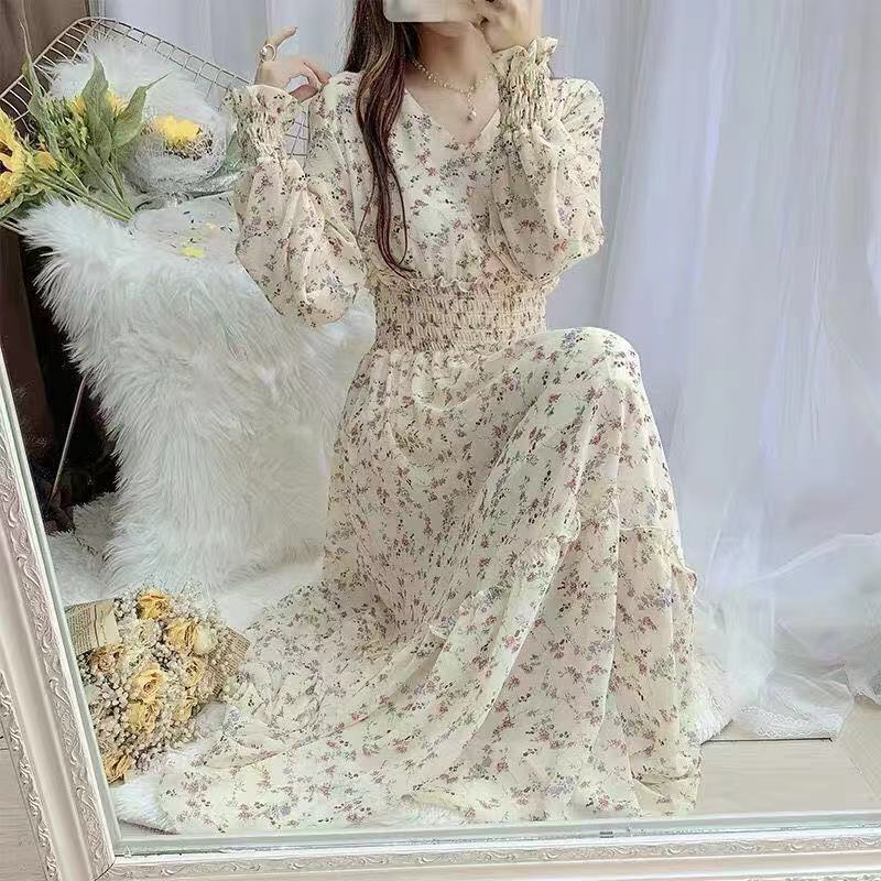 Đầm chiffon Dài Tay Eo Cao Cổ Chữ V Thời Trang Xuân Thu Phong Cách Hàn Quốc Mới