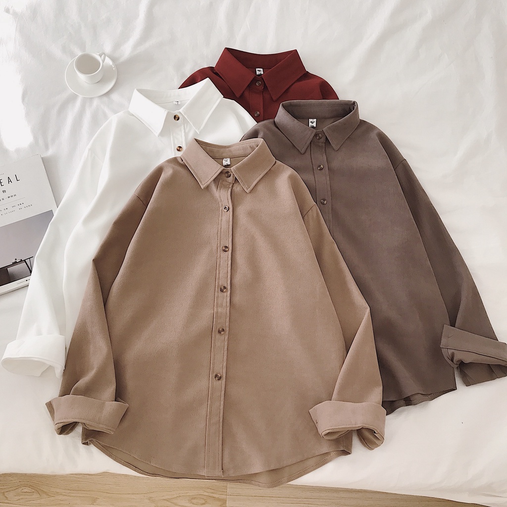 Áo sơ mi SUXI tay dài dáng rộng nhiều màu sắc tùy chọn phong cách retro thời trang đơn giản dành cho nữ