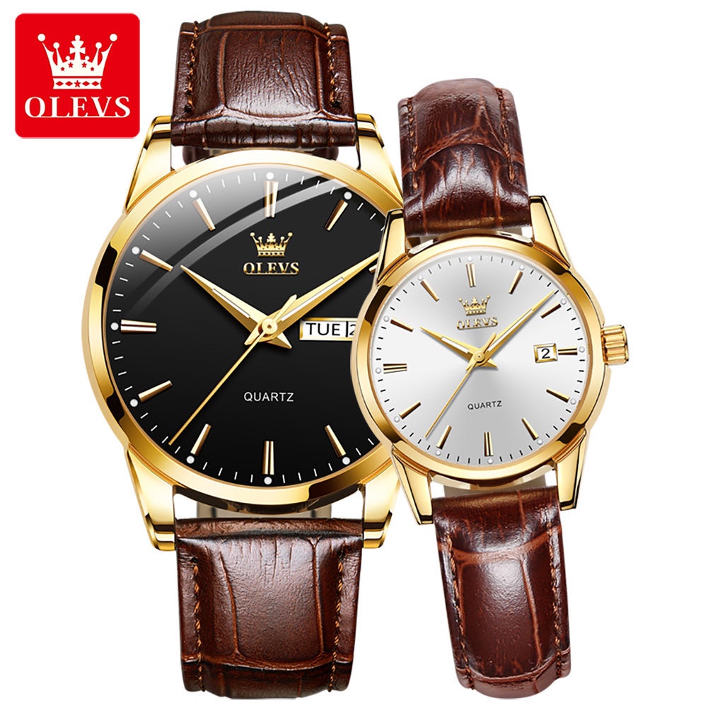 Đồng hồ đôi chính hãng Olevs_Đồng hồ cặp đôi dây da_donghodoi_donghodoinamnu_donghodoichongnuoc_Tặng hộp đẹp chính hãng