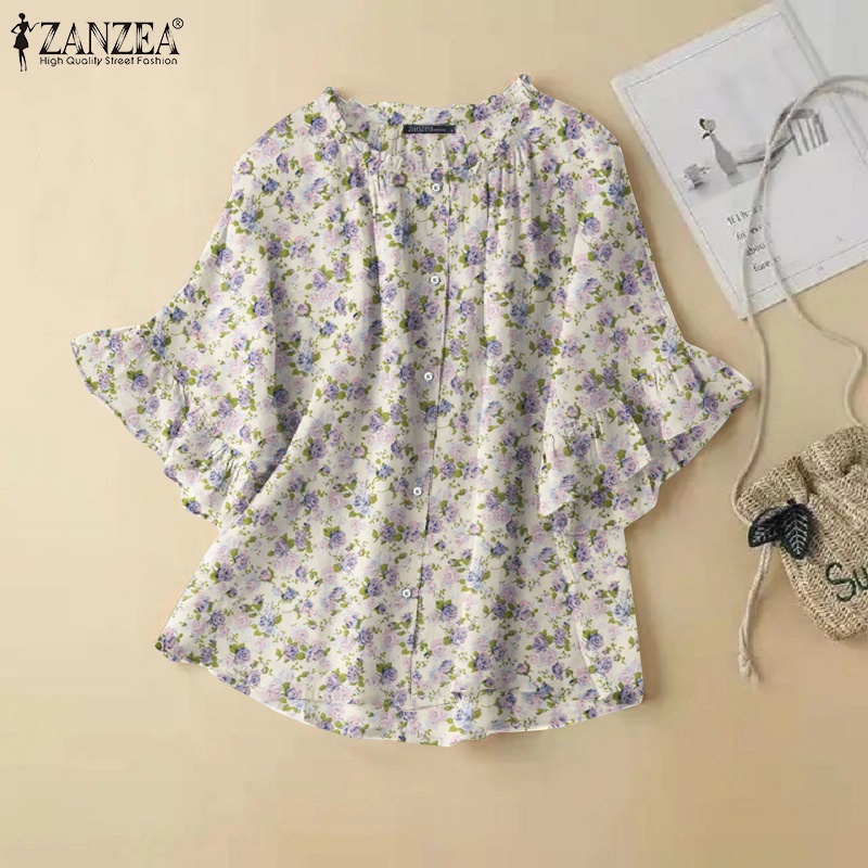 Zanzea Áo Kiểu Tay Lửng Cổ Tròn Phối Bèo In Họa Tiết Vintage Thời Trang Cho Nữ