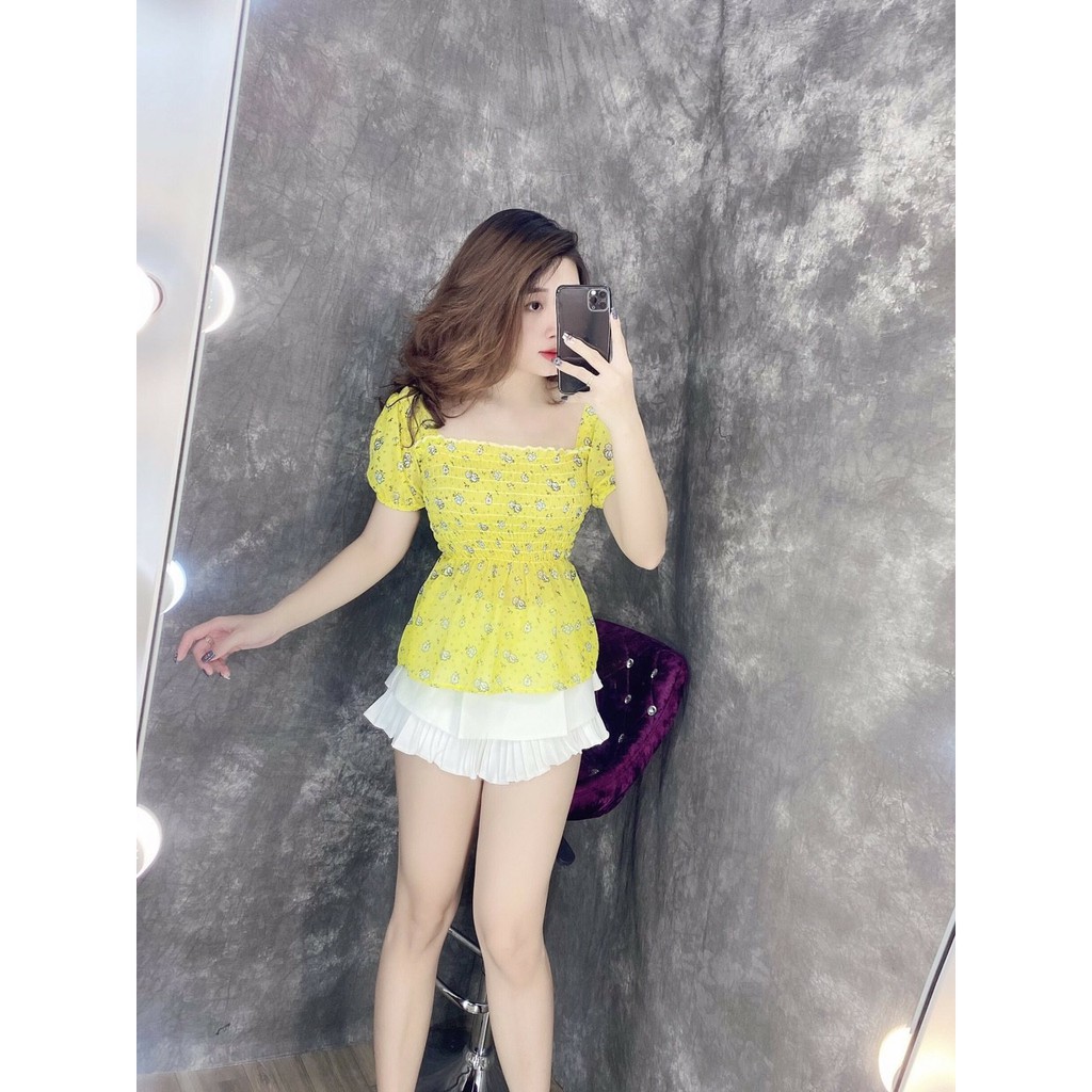 Áo Kiểu Nữ Nhún Eo In Bông Hoa Tay Ngắn  Thời Trang Mới SP Av106