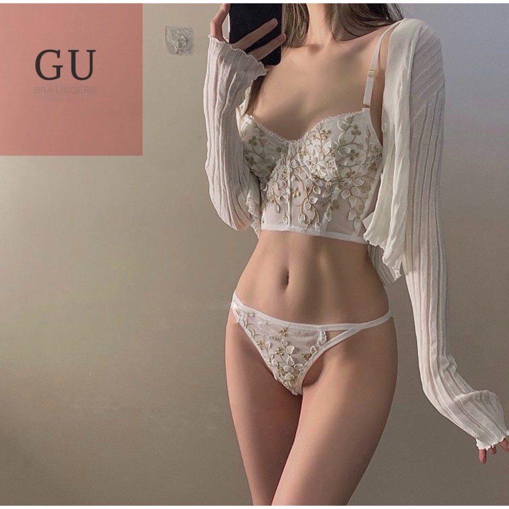 Bộ Corset Vintage Cổ Điển Đệm Mỏng Có Gọng Nâng Ngực Sexy, Họa Tiết Hoa Thêu Nổi Gu bra - B07