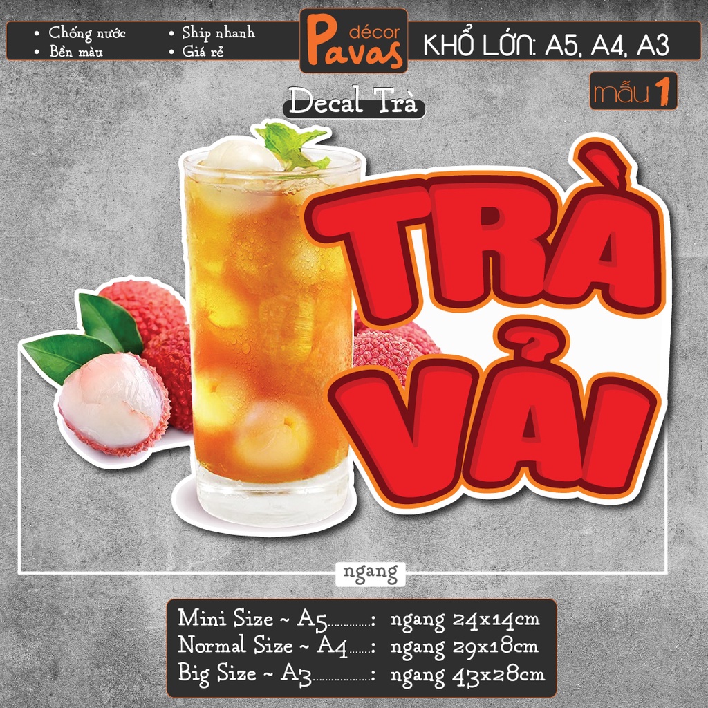 Decal Trà Vải, Trà Chanh, Trà Đào, Trà Dâu, Trà Tắc chống nước trang trí dán quán trà sữa, cà phê, quán ăn,tủ kính TTQ05