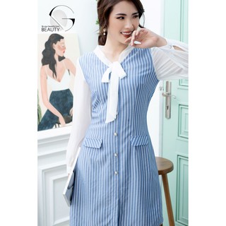 G Beauty Đầm Sơ Mi Kẻ Xanh
