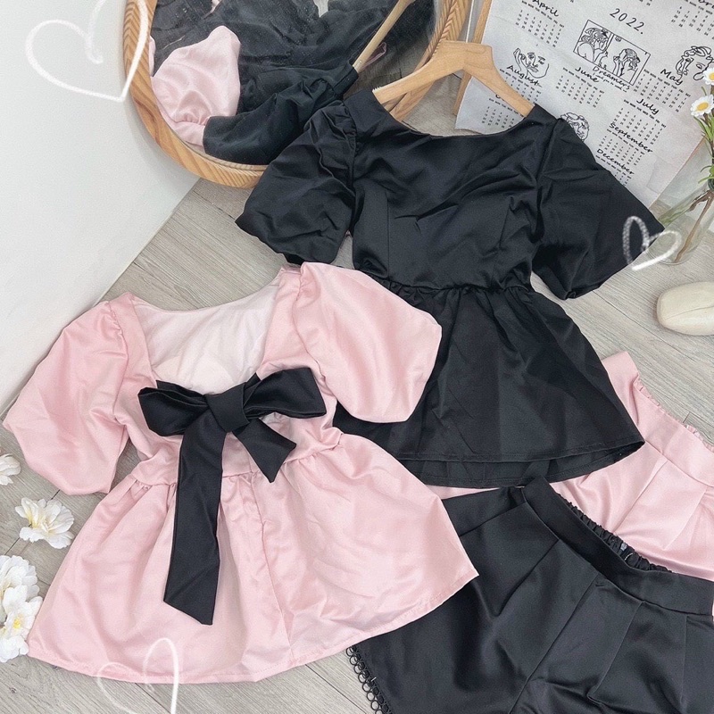 SET ÁO BABYDOLL ĐEN / ĐỎ TAY PHỒNG NƠ NUDE - KÈM VIDEO
