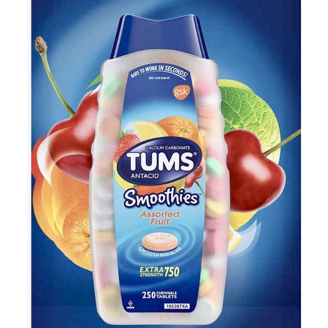 🍓🍒 Viên nhai hỗ trợ Tiêu Hoá Tums Smoothies Assorted Fruit 250 viên của Mỹ🍉🍇