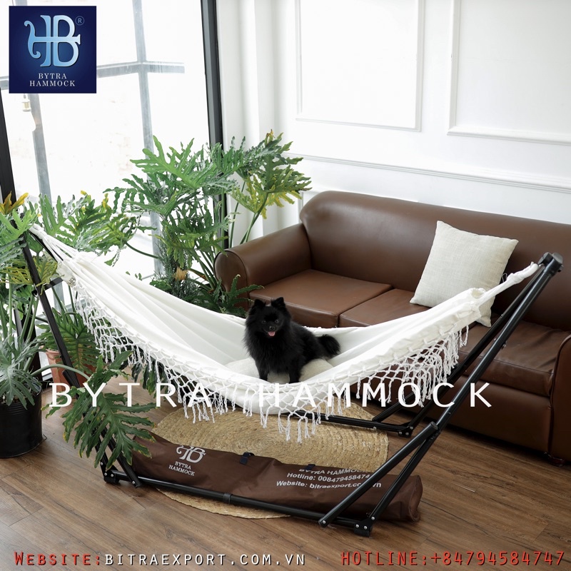 Bộ võng xếp sắt sơn tĩnh điện cao cấp bao gồm 1 khung võng nằm kèm lưới võng nằm vải canvas tua rua