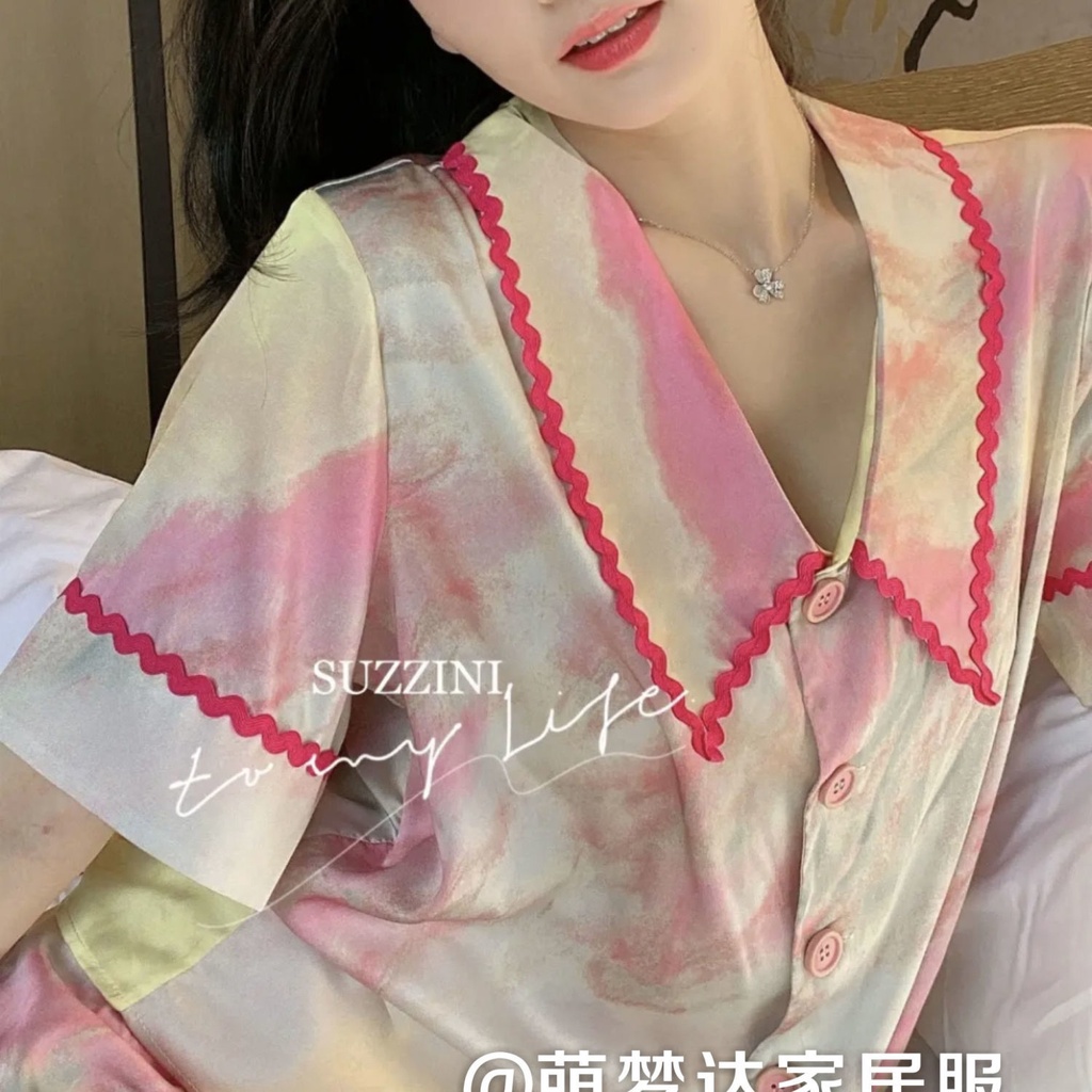 Bộ Đồ Ngủ Ngắn Tay Họa Tiết Màu Nhuộm Thời Trang Mùa Hè Cho Nữ