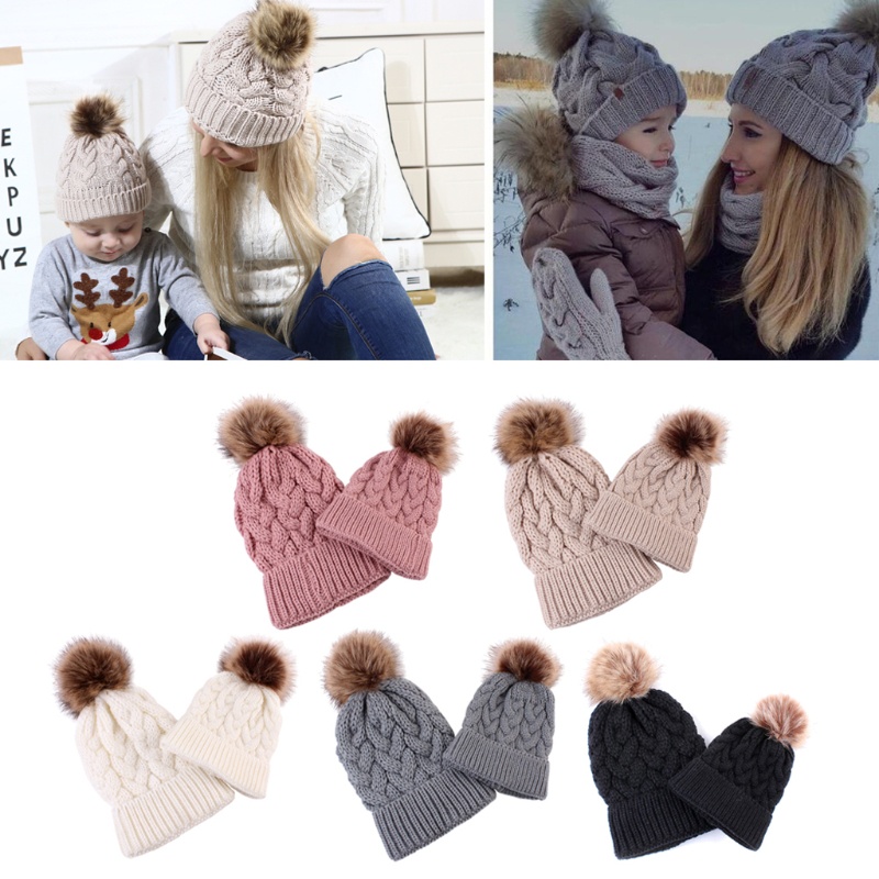Mũ Len Đính Quả Bông Dễ Thương Cho Mẹ Và Bé