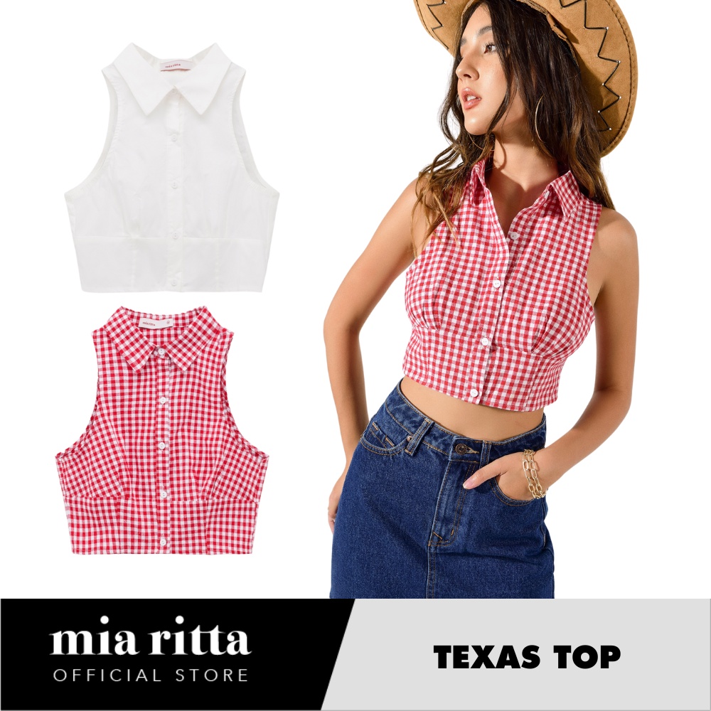 Áo sơ mi cổ yếm nhún ngực khuy trước Texas Top Mia Ritta A2097