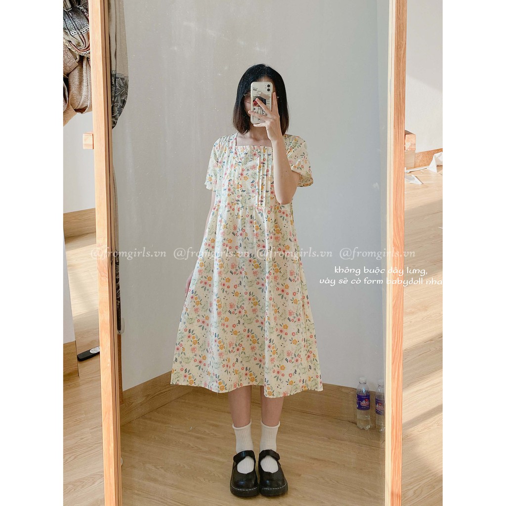 Váy hoa nhí cổ vuông, đầm hoa nhí xếp ly ngực basic có dây buộc sau lưng vintage - V22FG