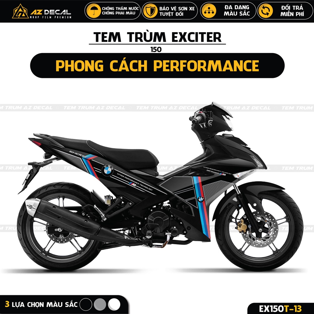 Tem Trùm Exciter 150 Mẫu Performance | EX150T-13 | Team Decal Dán Xe Máy Ex 150 Đẹp Màu Đen, Trắng, Xám