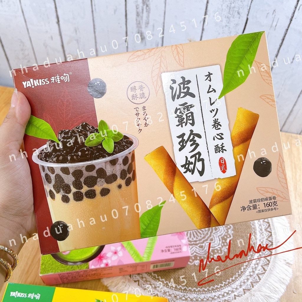 Một hộp bánh quế que cuộn vị kem trà sữa trân châu thơm ngon lạ Jinsibo Hongkong hộp 160gam