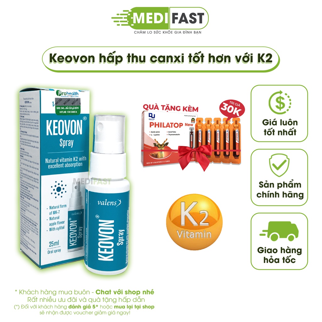 Keovon Spray, Vitamin K2 cho bé, kích thích phát triển chiều cao cho trẻ, ngăn loãng xương ở người già - Chai 25ml