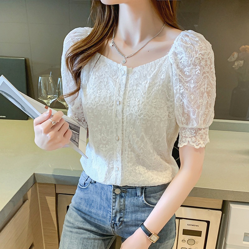 Áo kiểu tay ngắn cổ vuông màu trắng phối ren thời trang mùa hè phong cách Hàn Quốc cho nữ