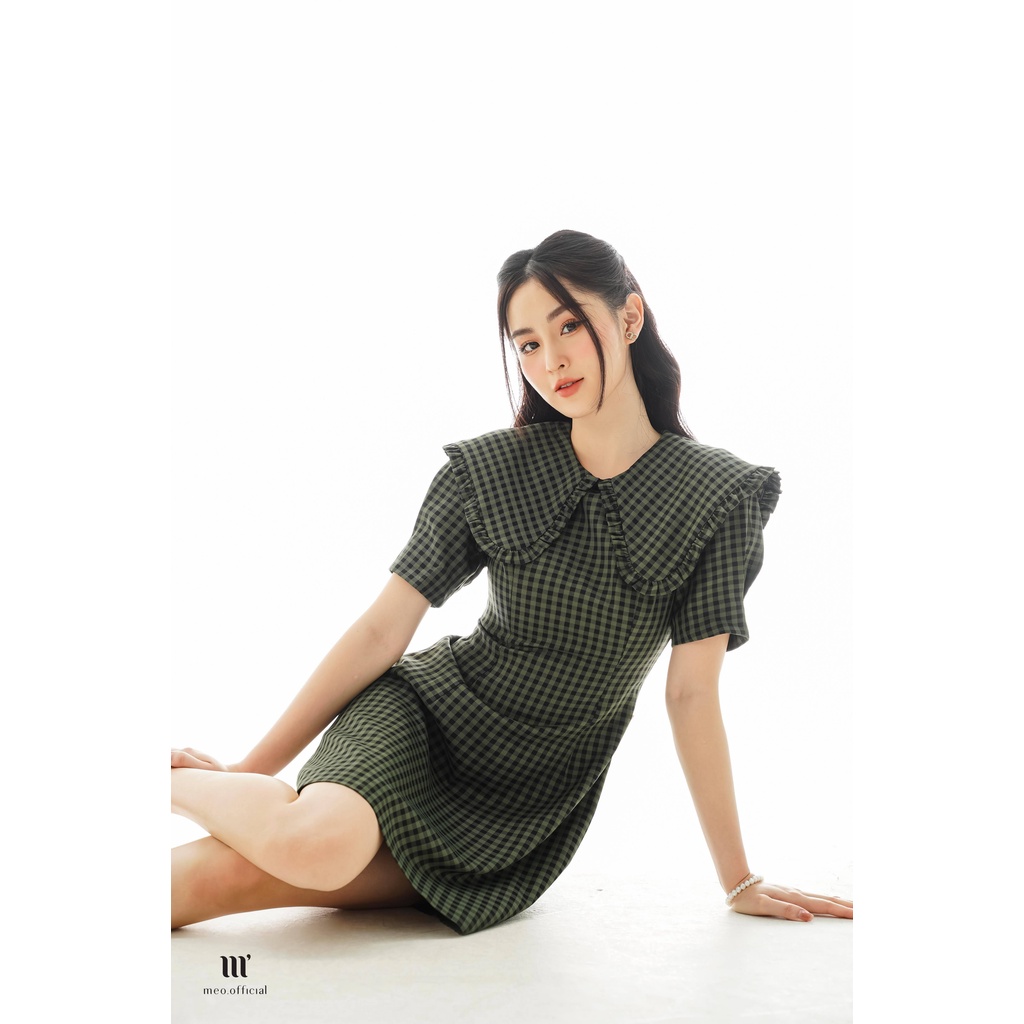 Đầm nữ Méo shop ngắn tay cổ bèo hoạ tiết kẻ dáng xòe TUSLY
