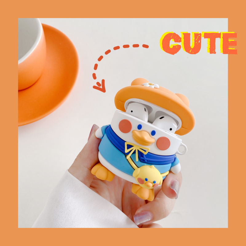 Vỏ Bảo Vệ Hộp Sạc Tai Nghe Airpods 1/2/Pro Bằng Silicon Hình Chú Vịt Đội Nón Dễ Thương