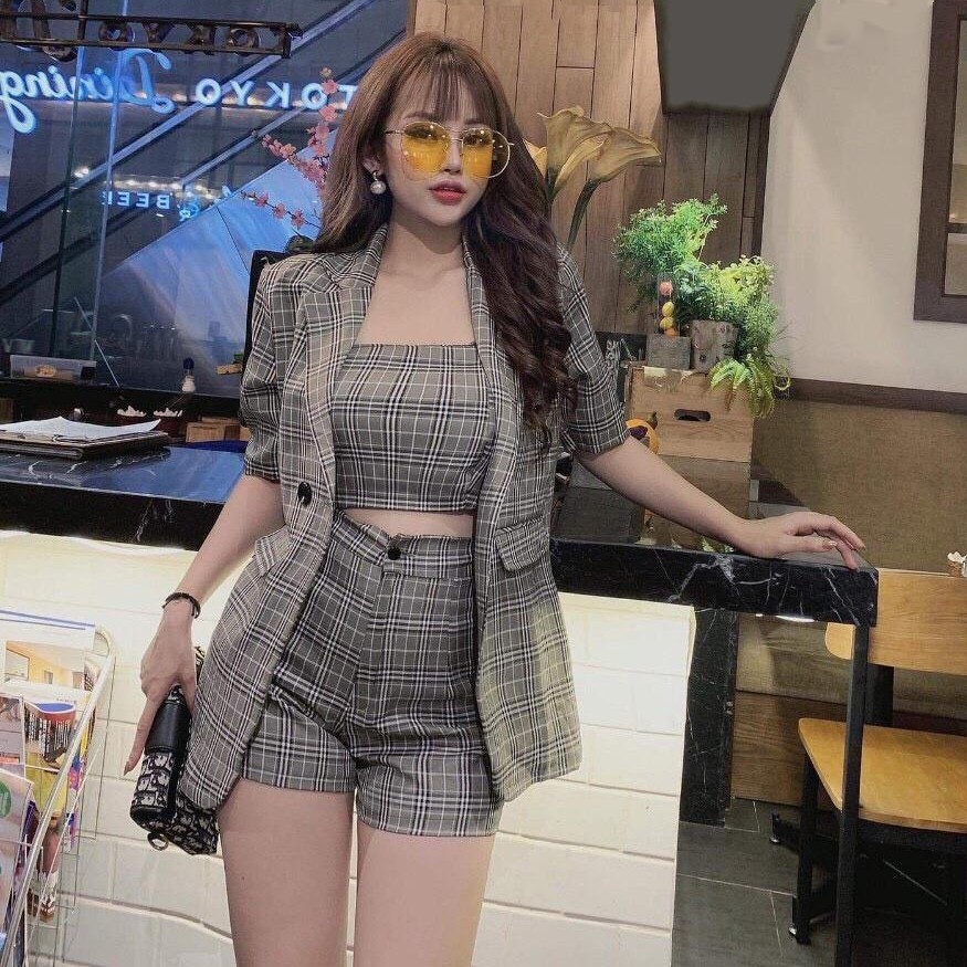 Set Bộ Vest Xám Caro [ Thời trang công sở ] - Korean Impress Shop