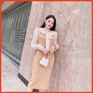 Đầm body tay voan nơ cổ đẹp💖 hàng bao đẹp