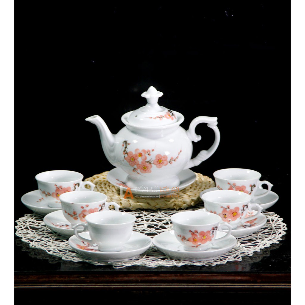 Bộ bình trà sứ Hoàng Tộc Vẽ Đào Hồng Đón Xuân 2019 600ml- bộ tách trà gốm sứ bát tràng