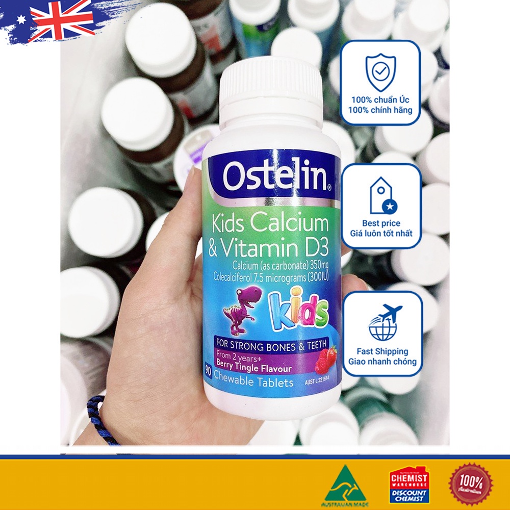 Kẹo Canxi Khủng long Ostelin Kids Calcium &amp; Vitamin D3 của Úc cho bé 90 viên (SP3)