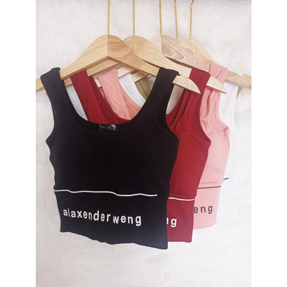 Áo Croptop kiểu có mút ngực in chữ alaxender weng, chất liệu thun gân tăm thoáng mát, thích hợp tập gym, đi dạo