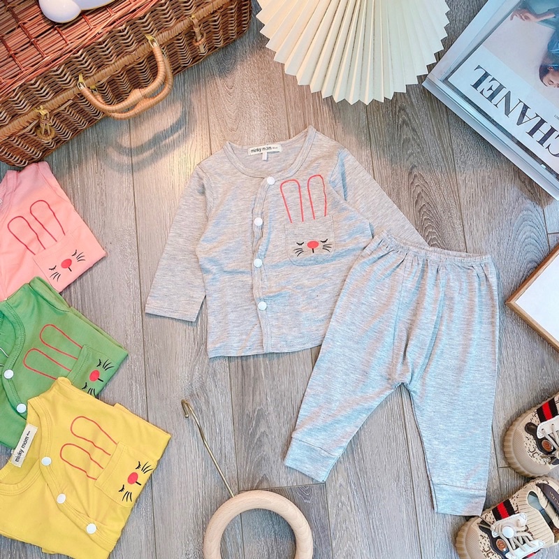 Bộ quần áo dài sơ sinh mùa hè điều hoà cúc cài lệch vải thun lạnh sài gòn Minky mom quần đáp đũng đóng bỉm cho bé