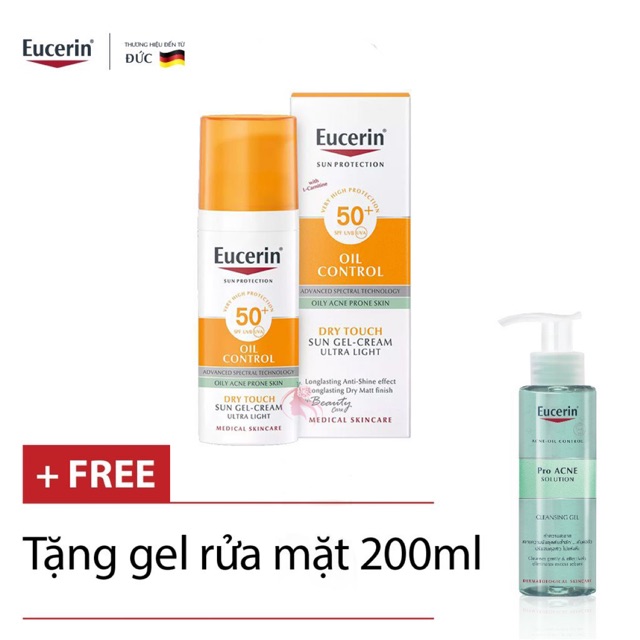 Eucerin Kem Chống Nắng Kiểm Soát Nhờn Sun Oil SPF50+ 50ml tặng Sửa Rửa Mặt Emucerin 200ml