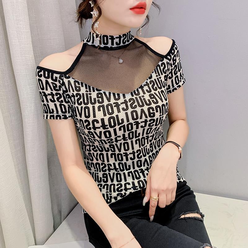 Áo Thun Tay Ngắn Hở Vai Phối Lưới In Chữ Thời Trang Cho Nữ