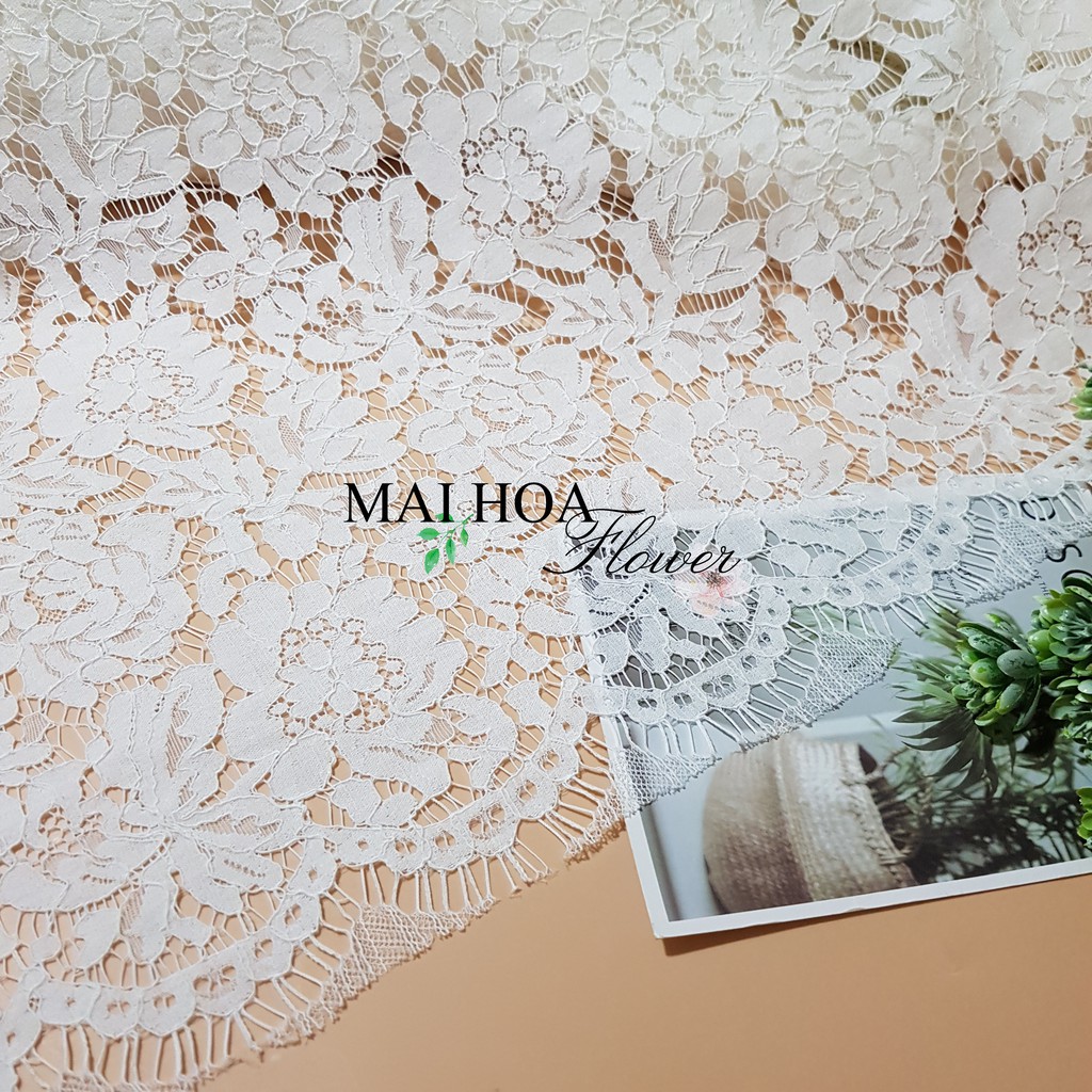 Vải ren hoa trắng dùng may đồ chất ren mềm đẹp có co giãn 150x150cm, Maihoaflower