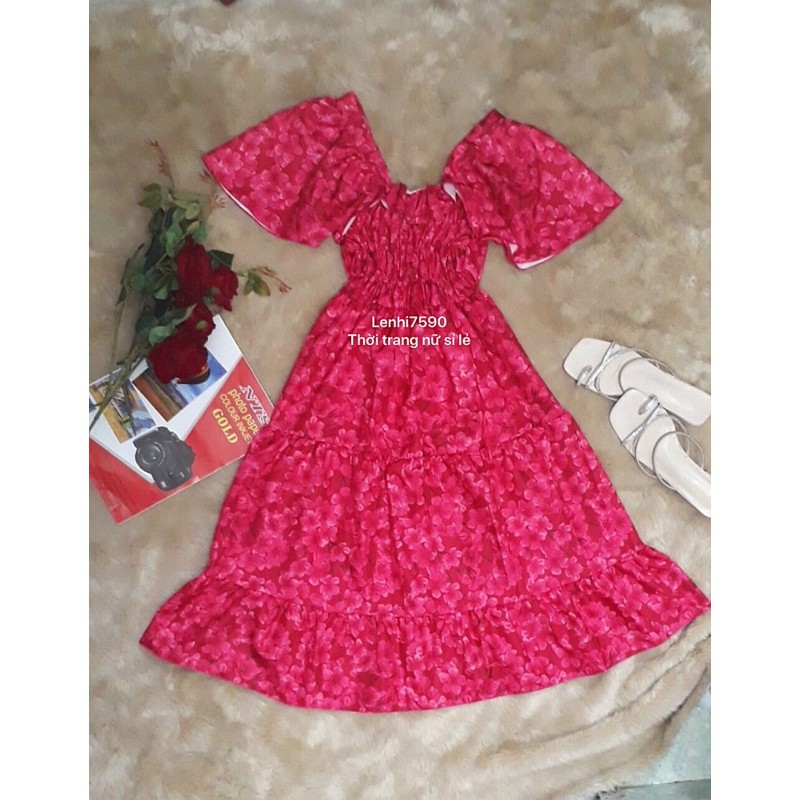 ĐẦM DÀI DÁNG XOÈ LỤA HOA XẾP BÈO GÍA RẺ