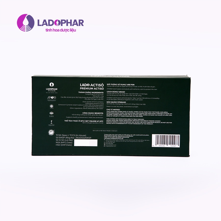 Actisô + Đảng sâm dạng nước Ladophar. Hộp gồm 10 gói x 15ml. Giúp tăng cường sức khỏe và bảo vệ gan.