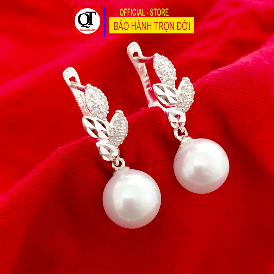 Bông tai bạc nữ ngọc tròn dài khóa bật chắc chắn gắn đá trắng cao cấp trang sức Bạc Quang Thản - QTBT147