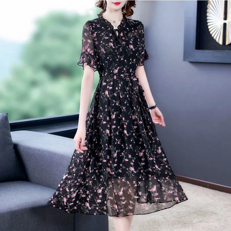 Đầm Chiffon Dài Tay In Hoa Plus Size Cho Nữ