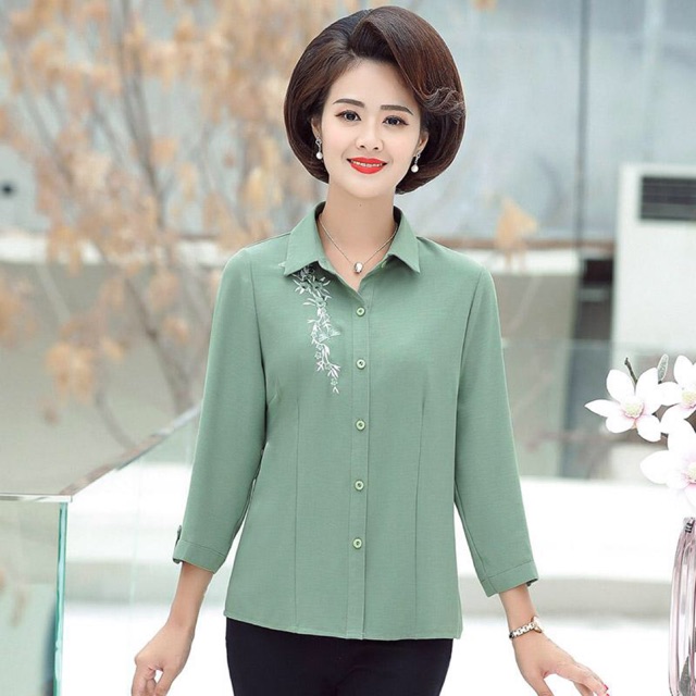 Áo sơ mi trung niên nữ cao cấp, phối hoa thanh lịch NV0165