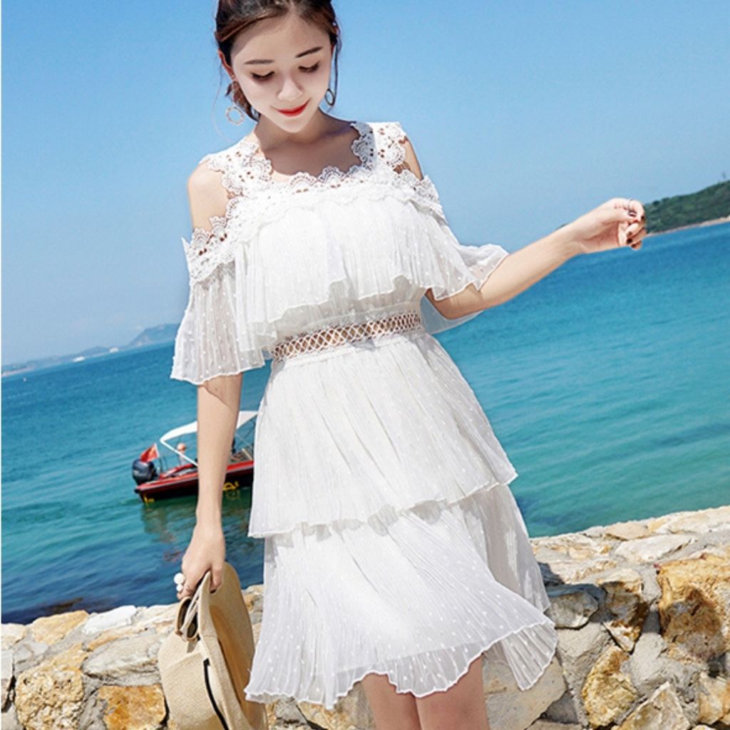 Váy Trắng , Đầm Dự Tiệc Dáng Xòe Ngắn Trễ Vai 2 Dây Bản To , Vải Voan cao cấp Phong Cách Tiểu Thư | BigBuy360 - bigbuy360.vn