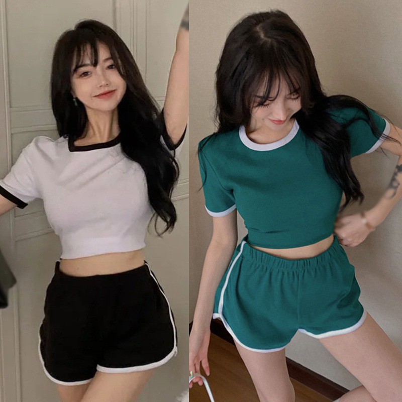 Set 2 món gồm áo croptop + quần ngắn eo cao dáng ôm thời trang năng động thoải mái cho nữ