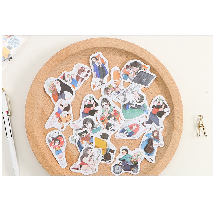 Bộ 40 sticker hình cô gái chàng trai dễ thương dán trang trí