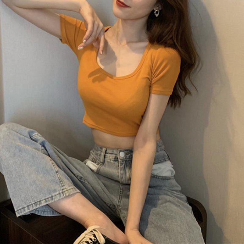 Áo Thun Ngắn Tay Cổ Vuông Màu Trơn Thời Trang Mùa Hè Cho Nữ
