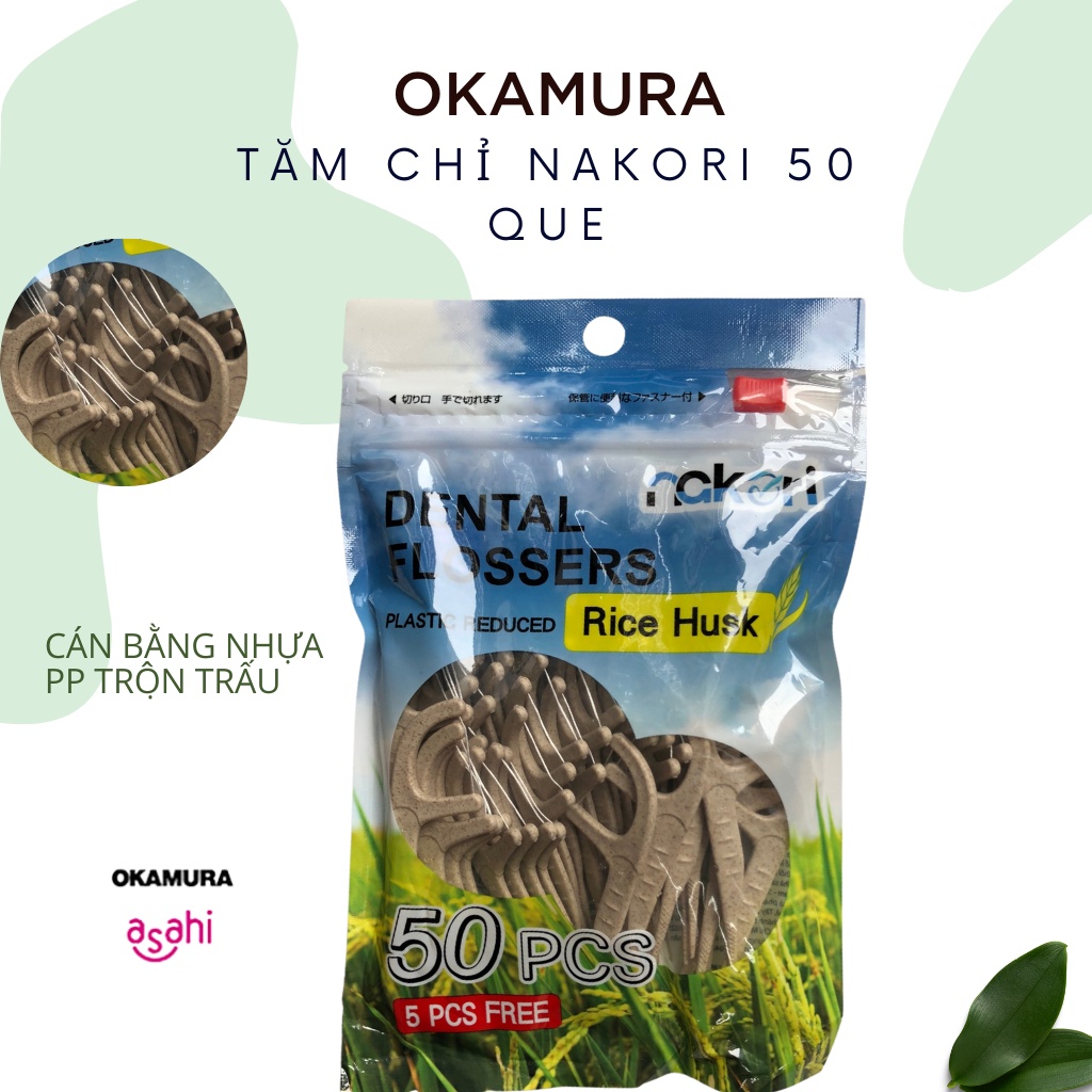 Tăm chỉ kẽ răng Okamura Nakori 50 que cán vỏ trấu thân thiện môi trường