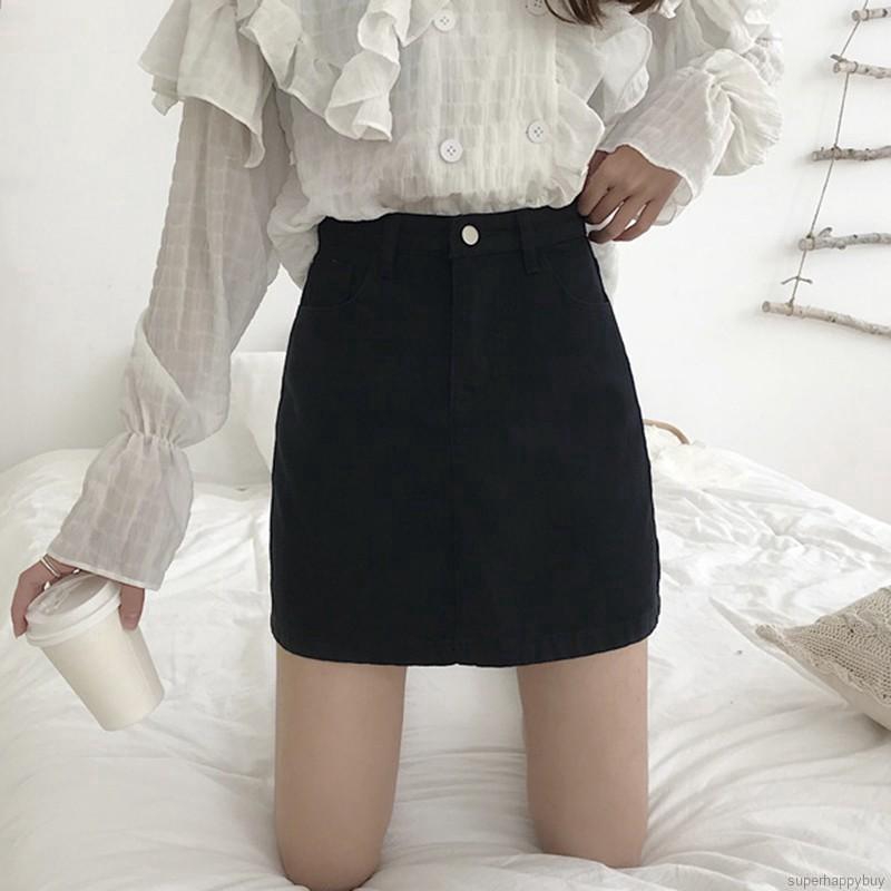 Chân Váy Denim Chữ A Lưng Cao Màu Trơn