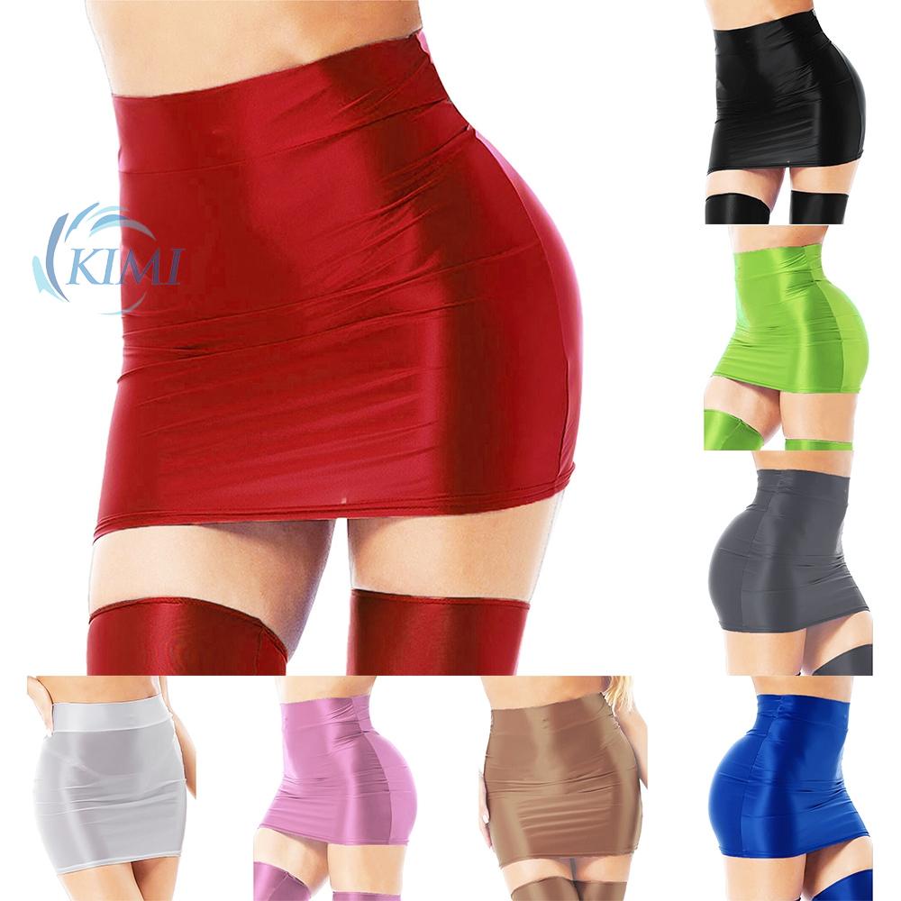 KIMI-Sexy Women\'s Oil Glossy Solid Pencil Bodycon Skirt High Waist Miniskirt Clubwear