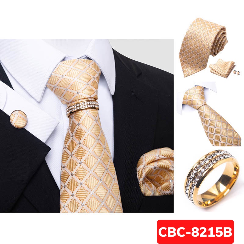 Bộ Cà vạt 4 món gồm Cavat 8cm, khăn cài túi, Măng-set, Nhẫn tròn phụ kiện, Cravat chú rể, Calavat công sở CBC-8215