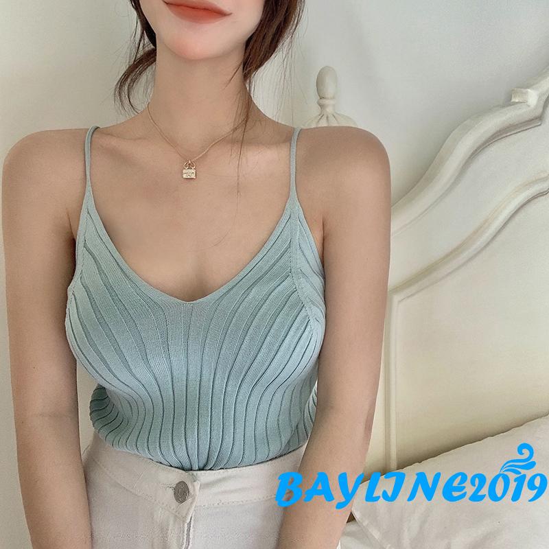 Áo Hai Dây Dệt Kim Cổ Chữ V Màu Trơn Thời Trang Cho Nữ