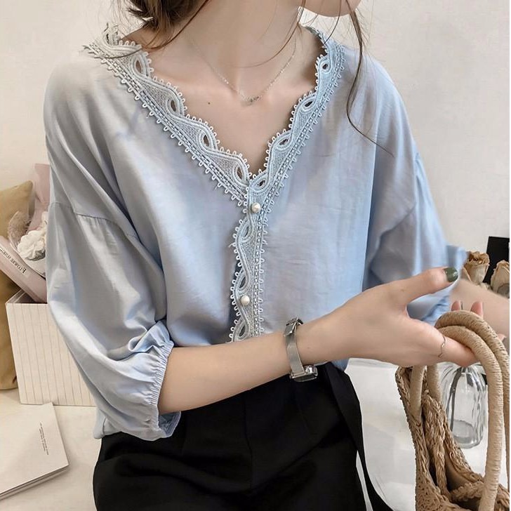Áo sơ mi kiểu tay lỡ cổ V viền ren thanh lịch và điệu đà cho nữ