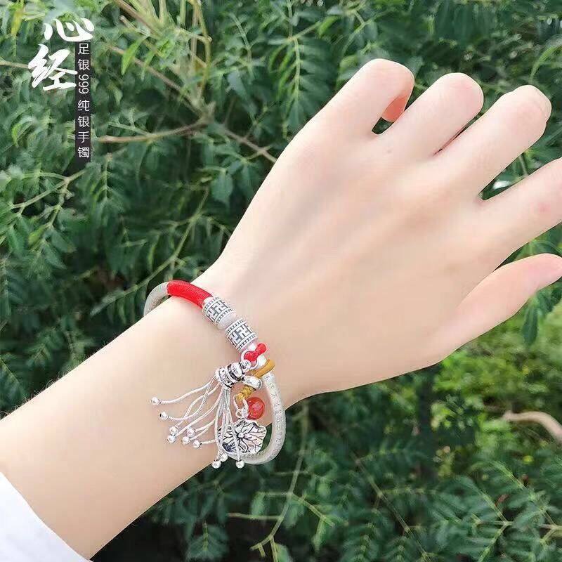 Vòng Tay Bạc 999 Kiểu Dây Tua Rua Mặt Hình Hoa Sen / Trái Tim Phong Cách Dân Tộc Xinh Xắn Cho Nữ