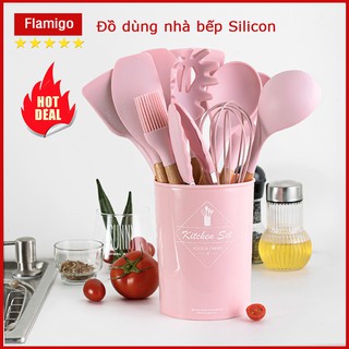 Set 11 dụng cụ nhà bếp silicon, đồ dùng nhà bếp màu hồng đáng yêu
