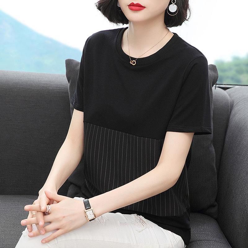 Áo Thun cotton Ngắn Tay Cổ Tròn Dáng Rộng Họa Tiết Kẻ Sọc Màu Đen Thời Trang Mùa Hè Cho Phụ Nữ Trung Niên