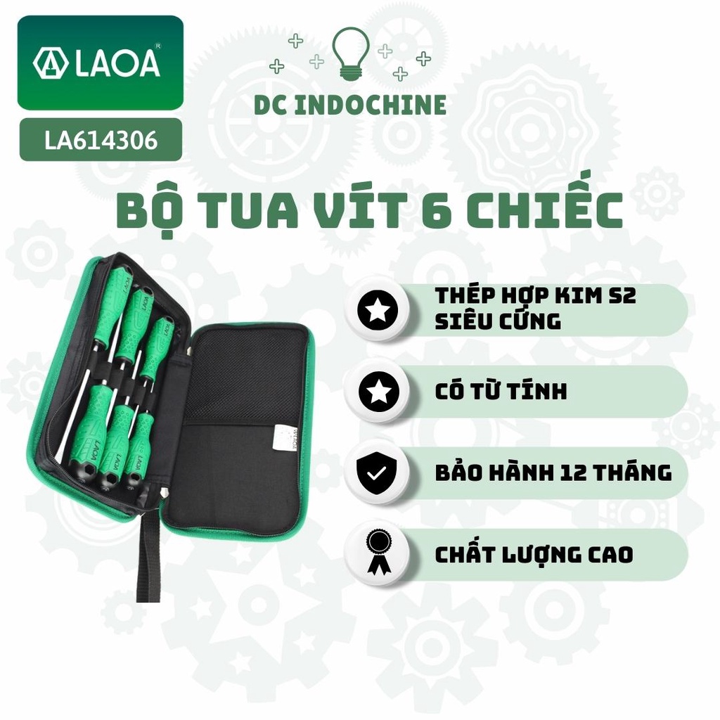 Bộ Tua vít 6 chiếc (đầu dẹt / 4 cạnh) LAOA LA614306 chuyên dụng, thép hợp kim S2 siêu cứng, hàng chính hãng