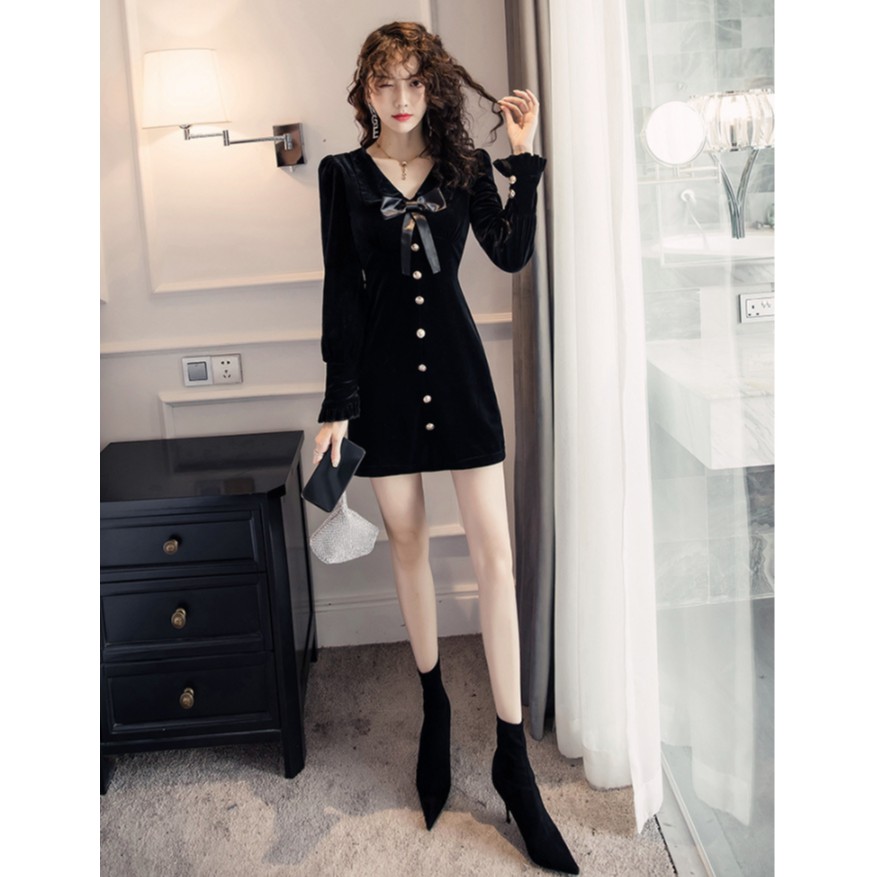 [SALE CHÀO HÈ] Váy nhung cổ chữ V có lót trong đính nơ lụa đen siêu sang chảnh | BigBuy360 - bigbuy360.vn